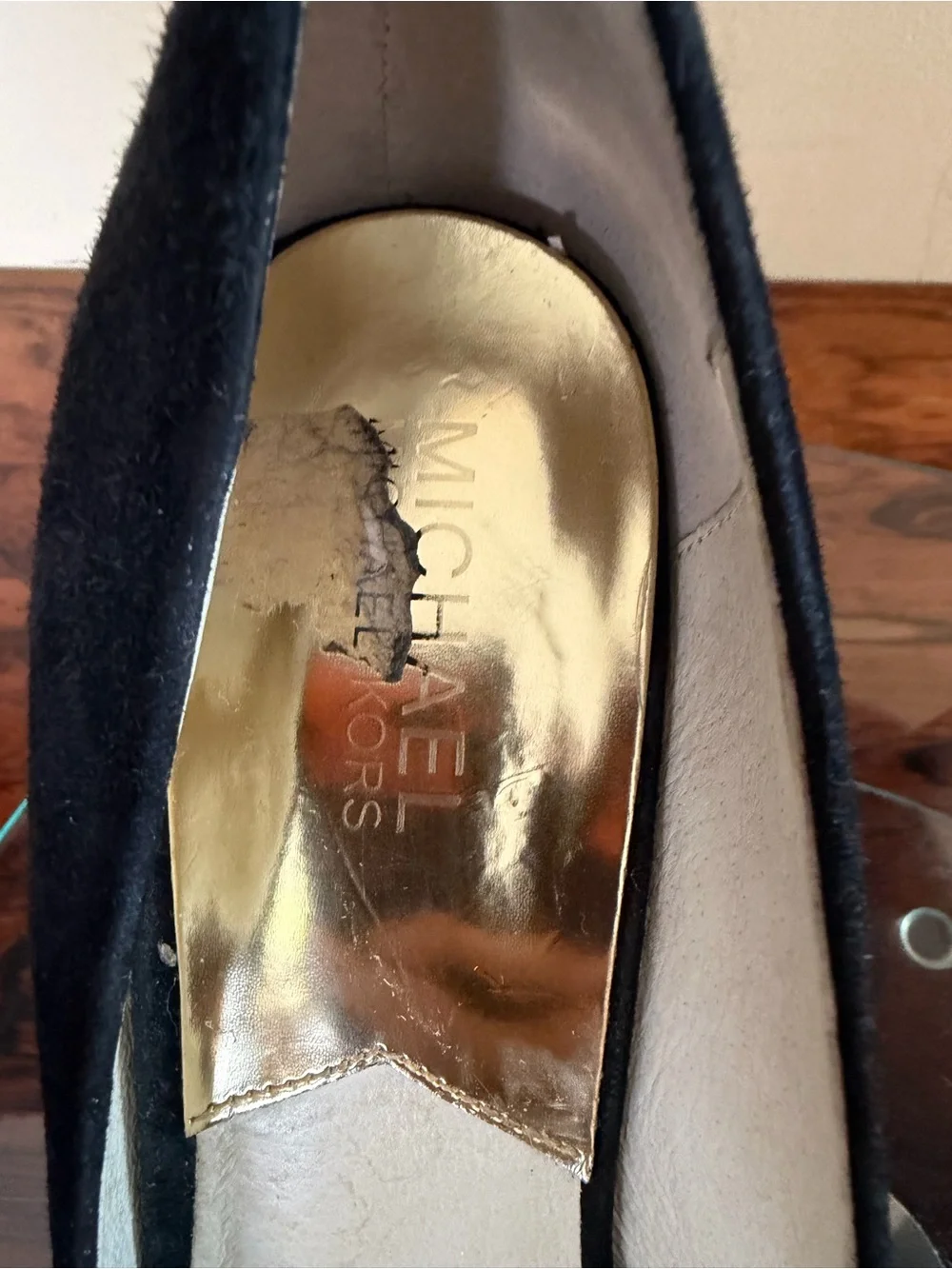 Michael Kors Caroline Black Suede Gold MK Logo Medallion Pointed Toe Pumps 9.5